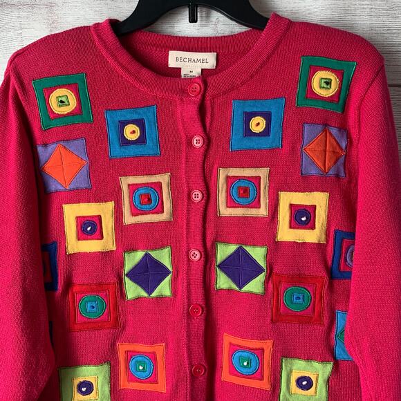 Bechamel Pink Knit Cardigan Sweater Colorful Geometric Squares Button Up Medium - Picture 2 of 16